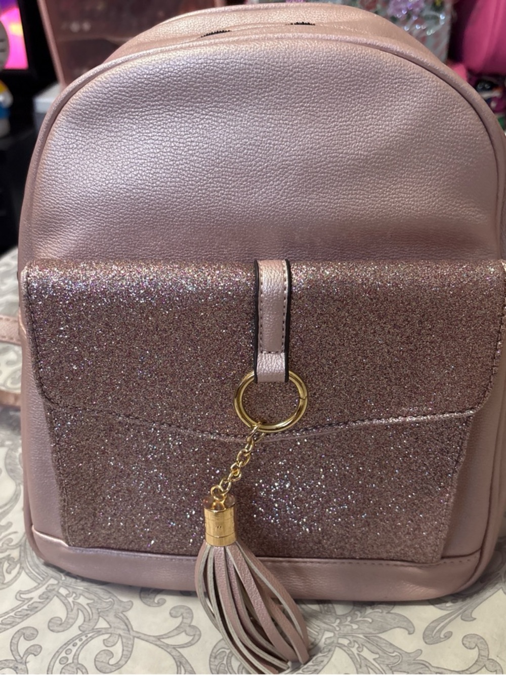 Rose Pink Glitter Mini Backpack with Tassel Charm